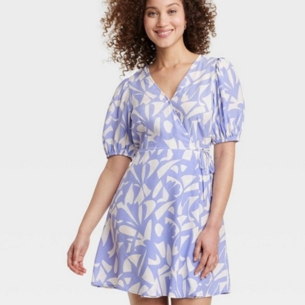 a new day Blue and White Abstract Wrap Dress size M